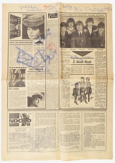 1966 The Rolling Stones a tagok, Mick Jagger, Keith Richards, Brian Jones, Billy Wyman és Charlie Watts által autográf dedikált Szép Szó c. újság a zenekarról szóló cikkel / Autograph signatures of the members of The Rolling Stones: Mick Jagger, Keith Ric