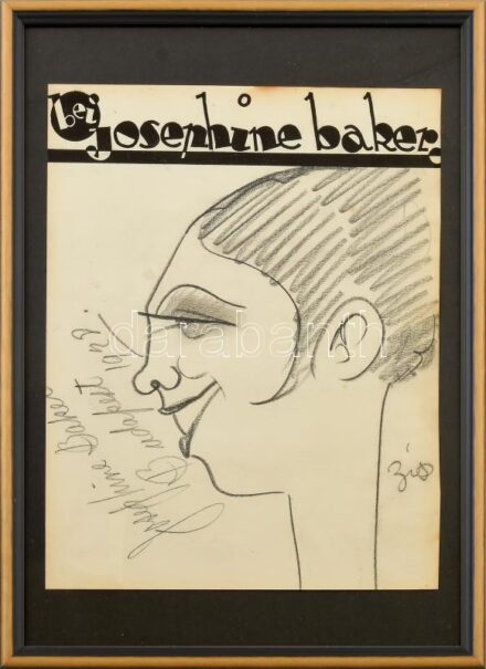 1928 Budapest, Josephine Baker (1906-1975) táncosnő aláírása egy őt ábrázoló rajzon (utóbbi olvashatatlan aláírással), 28x22 cm/ 1928 Budapest, Josephine Baker (1906-1975) autograph signature on a drawing with unreadable signature, 28x22