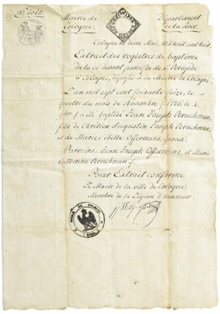 cca 1800 Köln, születési anyakönyvi kivonat másolat francia nyelven, rajta Johann Jakob von Wittgenstein (1754-1823) kölni polgármester autográf aláírásával / Autograph signature of Johann Jakob von Wittgenstein (1754-1823) mayor of