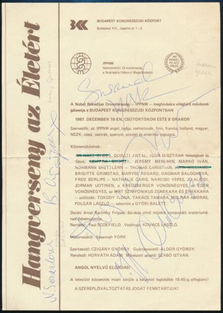 1987 Művészek által aláírt műsorlap: Valerij Ojsztrah, Igor Ojsztrah, Natalja Zercalova