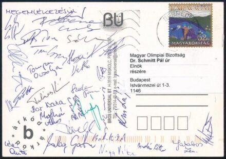 2010 Magyar úszók, olimpiai bajnokok aláírása Schmitt Pál MOB elnöknek küldött képeslapon a Debreceni EB ről Bor Kata, Tompa Orsolya, Cseh László, Hosszú Katinka stb. / Autograph signed postcard of Hungarian swimmers including Olympic champions: Katinka H