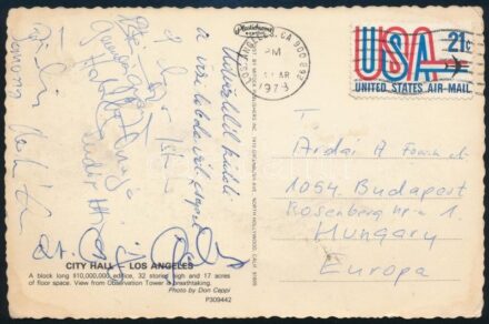 1978 Los Angeles, Magyar férfi vízilabda válogatott tagjai által aláírt képeslap, közte Csapó Gábor, Gerendás György, Sudár Attila, Somossy József, Horkai György, Faragó Tamás, Steinmetz János és mások aláírásaival.