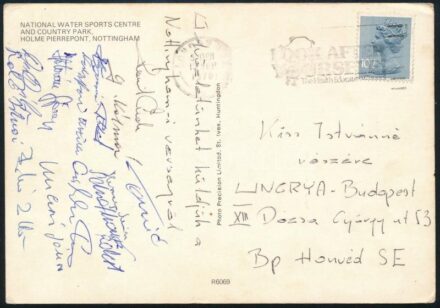 1981 Magyar világbajnok kajakozók: Bakó Zoltán, Wichmann Tamás és még sok más sportoló autográf aláírása a 1981-es síkvízi kajak-kenu világbajnokságról Notthinghamból / Autograph signed postcard of Hungarian kayak champions from the world