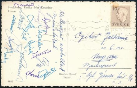1954 A magyar Aranycsapat tagjainak aláírása képeslapon a Stockholmból Kocsis Sándor, Puskás Ferenc, Bozsik, Lóránt Buzánszky és mások aláírásaival Czibor Zoltán feleségének / Autograph signed postcard of the Hungarian football Golden Team team from