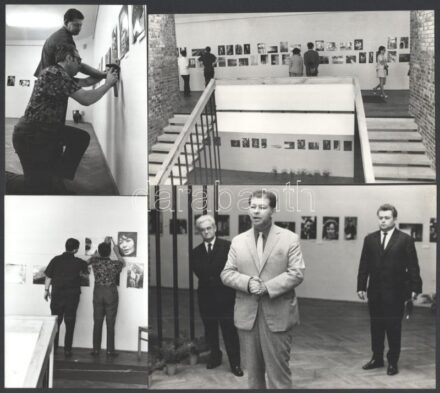 1970 Demjén Gábor fotóriporter pecsétjével jelzett 4 db vintage riportfotó egy fotókiállítás rendezéséről és megnyitójáról, ezüst zselatinos fotópapíron; a helyszín Budapest, Tanács körút, a Fővárosi Tanács kiállítóterme; világos színű öltönyben Réti