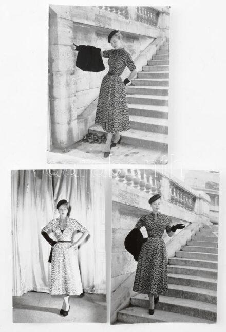 cca 1950-60 Christian Dior 3 db divatfotó, Lénárt Angéla magyar modell. Hátoldalán Photo Maywald, Paris pecsétjével jelzett és az egyiken Lénárt Angéla autográf feliratával: "Mukimnak A Louvre kertjében Párizsban Dior ruhában". 14,5x9 14,5x11 cm közötti m