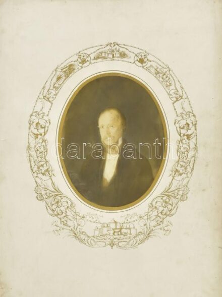 cca 1860 Úriember portréja, festett fotó korabeli díszes nagyméretű papírlapon, J[oseph] Löwy bécsi műterméből, foltos, szakadozott, 16x13 cm, teljes lap: 40,5x29,5 cm