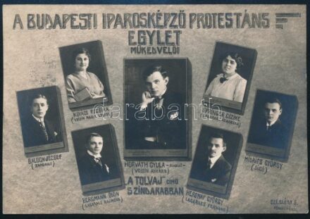 1914 A Budapesti Iparosképző Protestáns Egylet műkedvelői. Egyedi fotólap, hátoldalán aláírásokkal