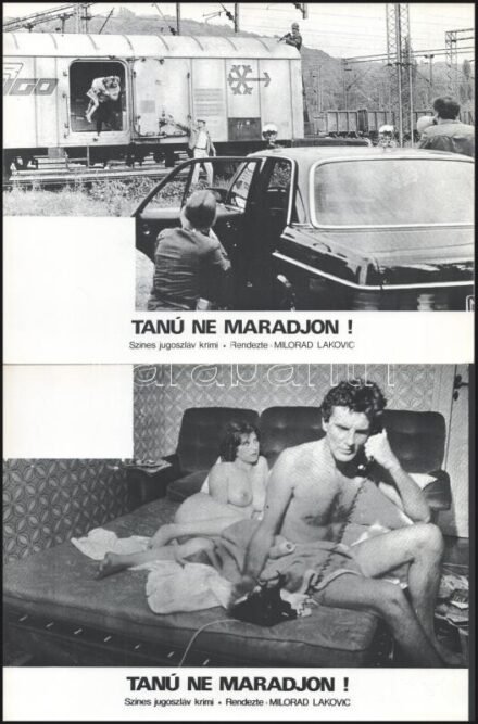 cca 1979 ,,Tanú ne maradjon!" című jugoszláv krimi jelenetei és szereplői, 5 db produkciós filmfotó nyomdatechnikával sokszorosítva kartonpapírra (nyomat), egyoldalas nyomással, a használatból eredő (esetleges) kisebb hibákkal, 18x24