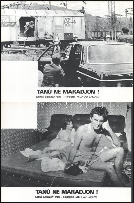 cca 1979 ,,Tanú ne maradjon!" című jugoszláv krimi jelenetei és szereplői, 5 db produkciós filmfotó nyomdatechnikával sokszorosítva kartonpapírra (nyomat), egyoldalas nyomással, a használatból eredő (esetleges) kisebb hibákkal, 18x24