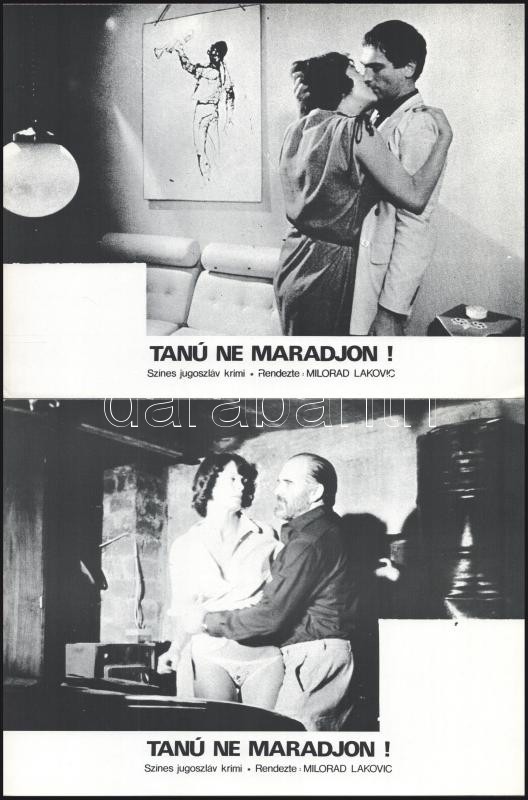 cca 1979 ,,Tanú ne maradjon!" című jugoszláv krimi jelenetei és szereplői, 5 db produkciós filmfotó nyomdatechnikával sokszorosítva kartonpapírra (nyomat), egyoldalas nyomással, a használatból eredő (esetleges) kisebb hibákkal, 18x24 - Image 2