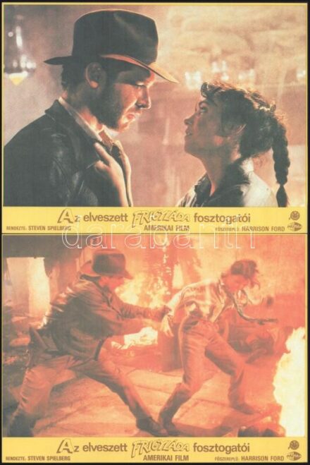 cca 1981 ,,Az elveszett frigyláda fosztogatói" című amerikai film jelenetei és szereplői, 5 db produkciós filmfotó nyomdatechnikával sokszorosítva kartonpapírra (nyomat), egyoldalas nyomással, a használatból eredő (esetleges) kisebb hibákkal, 18x24