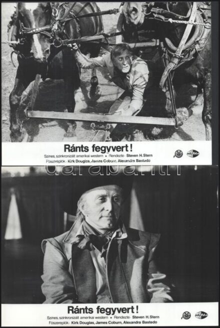 cca 1984 ,,Ránts fegyvert!" című amerikai westernfilm jelenetei és szereplői (főszereplő Kirk Douglas, James Coburn, Alexandra Bastedo), 6 db vintage produkciós filmfotó ezüst zselatinos fotópapíron, a használatból eredő (esetleges) kisebb hibákkal, 18x24