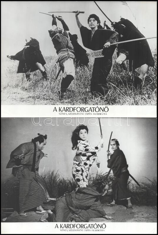 cca 1969 ,,A kardforgatónő" című japán filmdráma, szamurájfilm jelenetei és szereplői, 17 db vintage produkciós filmfotó ezüst zselatinos fotópapíron, a használatból eredő (esetleges) kisebb hibákkal, 18x24 cm