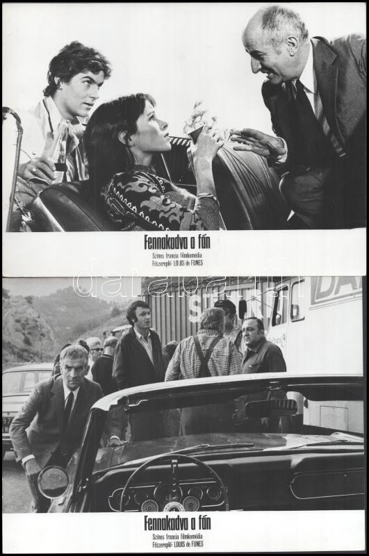 cca 1970 ,,Fennakadva a fán" című francia filmkomédia jelenetei és szereplői (főszereplő Louis de Funes), 13 db vintage produkciós filmfotó ezüst zselatinos fotópapíron, a használatból eredő (esetleges) kisebb hibákkal, 18x24 cm - Image 2