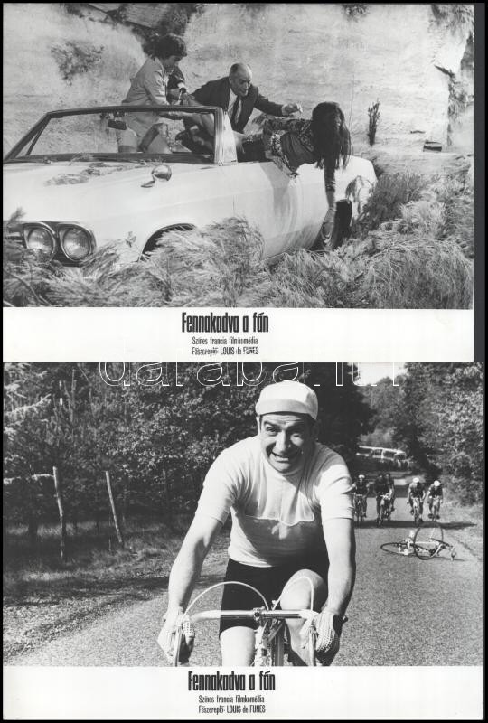 cca 1970 ,,Fennakadva a fán" című francia filmkomédia jelenetei és szereplői (főszereplő Louis de Funes), 13 db vintage produkciós filmfotó ezüst zselatinos fotópapíron, a használatból eredő (esetleges) kisebb hibákkal, 18x24 cm - Image 3