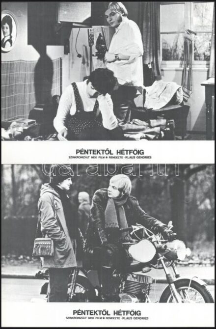cca 1975 ,,Péntektől hétfőig" című NDK-beli film jelenetei és szereplői, 8 db produkciós filmfotó nyomdatechnikával sokszorosítva kartonpapírra (nyomat), egyoldalas nyomással, a használatból eredő (esetleges) kisebb hibákkal, 18x24