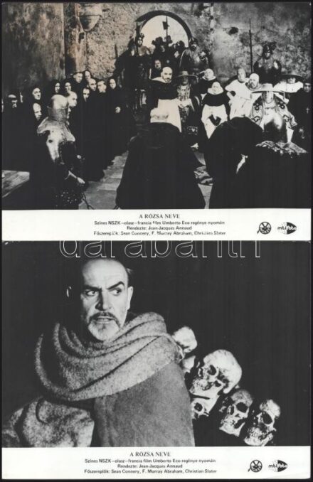 cca 1986 ,,A rózsa neve" című olasz - francia film jelenetei és szereplői, 8 db vintage produkciós filmfotó ezüst zselatinos fotópapíron, a használatból eredő (esetleges) kisebb hibákkal, 18x24 cm