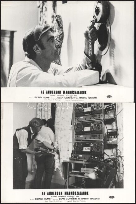 cca 1971 ,,Az Anderson magnószalagok" című amerikai bűnügyi film jelenetei és szereplői, 21 db vintage produkciós filmfotó ezüst zselatinos fotópapíron, a használatból eredő (esetleges) kisebb hibákkal, 18x24 cm