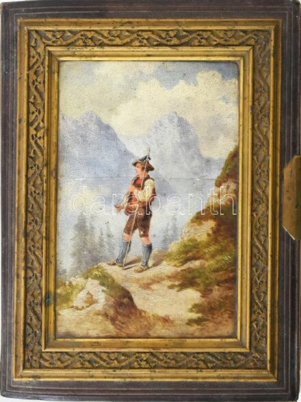 cca 1860-1880 Vizitkártya gyűjtemény: 200 db vizitkártya magyar és külföldi stúdiókból, katonák, nemesek, színésznők, közötte 2 db Elser Fanny táncosnőt ábrázoló, dekoratív, bár kissé sérült fotóalbumban. A borítón repedt porcelánkép, kézzel festett