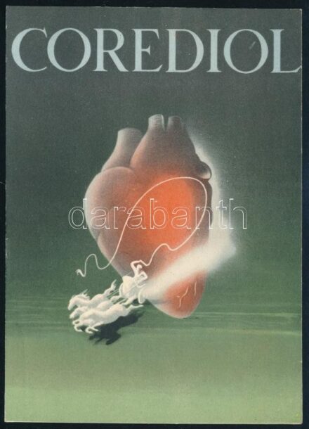 1938 Corediol ampulla, a Richter gyógyszertár termékének art deco reklámnyomtatványa, nem szignált Konecsni grafika, postán feladva, szép állapotban, 16,5×11,5 cm