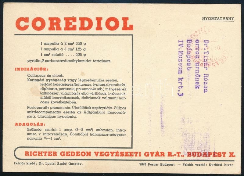 1938 Corediol ampulla, a Richter gyógyszertár termékének art deco reklámnyomtatványa, nem szignált Konecsni grafika, postán feladva, szép állapotban, 16,5×11,5 cm - Image 2