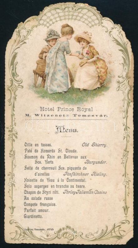 2 db menükártya: cca 1900 Temesvár, Hotel Prince Royal díszesen illusztrált francia ny. menükártyája, jobb alsó sarkában kissé sérült, 21x11 cm + 1909 Palais Sinaia, a Peles kastély látképével illusztrált francia ny. menükártya, jobb felső sarkában apró