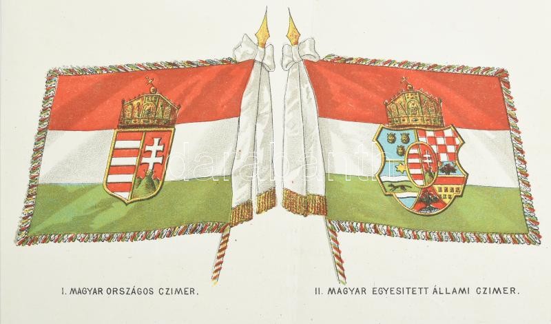 cca 1890 Sigmund József Budapest címeres zászlók gyára szép litografált reklám nyomtatvány, kétféle magyar címeres zászlóval 18x21 cm - Image 2