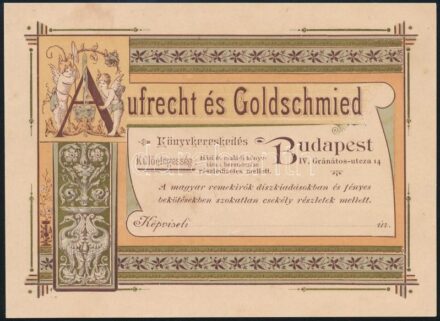 Aufrecht és Goldschmied Könyvkereskedés Budapest reklámcédula