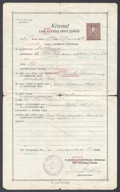 1894-1954 Zsidó család irathagyatéka, feltehetőleg Paul Arma (Weisshaus Imre) rokonságából, 13 db, születési, házassági, anyakönyvi kivonatok (Budapest, Apostag), fényképes külügyminisztériumi igazolvány...stb. - Image 2