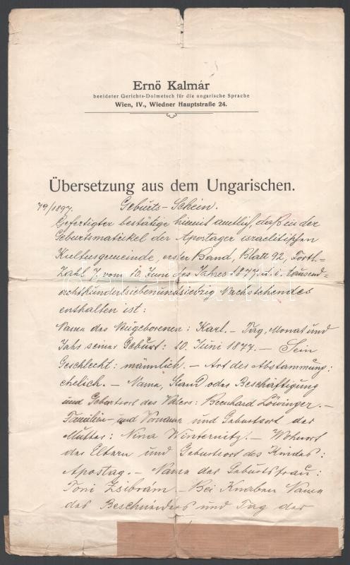 1894-1954 Zsidó család irathagyatéka, feltehetőleg Paul Arma (Weisshaus Imre) rokonságából, 13 db, születési, házassági, anyakönyvi kivonatok (Budapest, Apostag), fényképes külügyminisztériumi igazolvány...stb. - Image 4