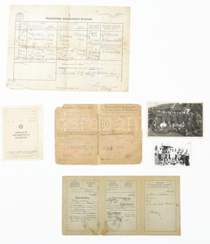 1943-1971 Reisz Márton (1913-1971) házassági anyakönyvi kivonata, DEGOB (Magyarországi Zsidókat Gondozó Országos Bizottsága) igazolványa, benne két munkaszolgálatosokat ábrázoló viseltes fotóval, valamint igazolvány (Ausweis/Certification) arról, hogy a