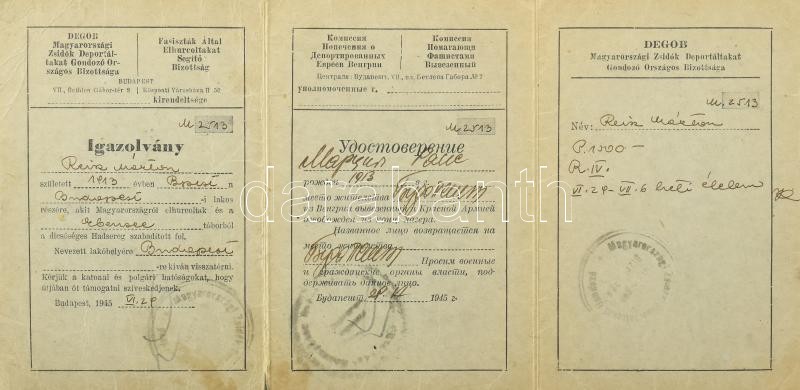 1943-1971 Reisz Márton (1913-1971) házassági anyakönyvi kivonata, DEGOB (Magyarországi Zsidókat Gondozó Országos Bizottsága) igazolványa, benne két munkaszolgálatosokat ábrázoló viseltes fotóval, valamint igazolvány (Ausweis/Certification) arról, hogy a - Image 3