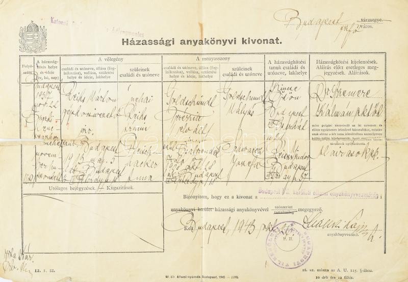 1943-1971 Reisz Márton (1913-1971) házassági anyakönyvi kivonata, DEGOB (Magyarországi Zsidókat Gondozó Országos Bizottsága) igazolványa, benne két munkaszolgálatosokat ábrázoló viseltes fotóval, valamint igazolvány (Ausweis/Certification) arról, hogy a - Image 4