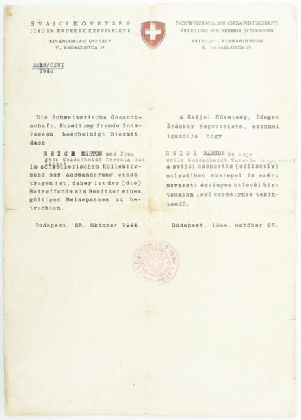 1944 Bp., a Svájci Követség által kiállított menlevél (Schutzpass) Reich Márton és családja részére, 1944. okt. 23.