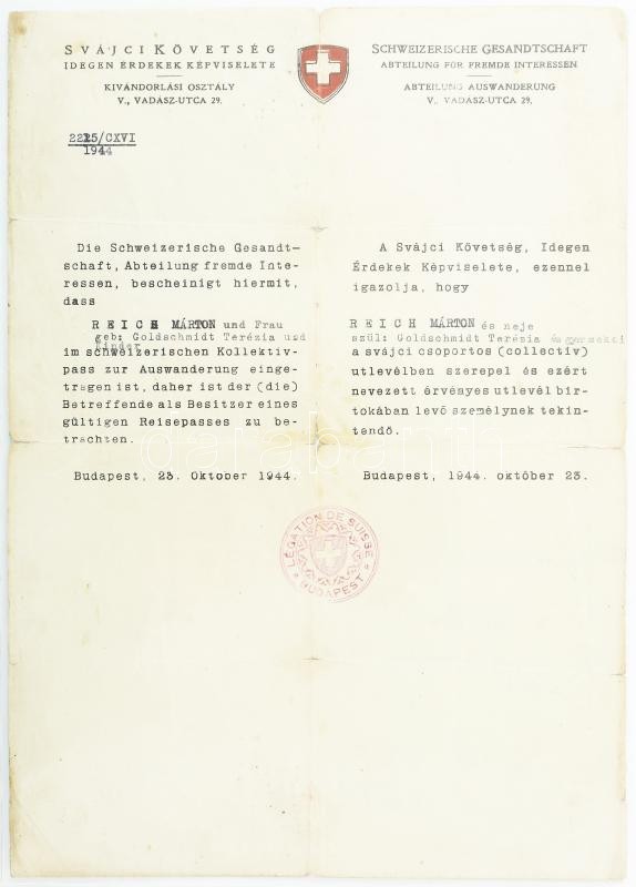 1944 Bp., a Svájci Követség által kiállított menlevél (Schutzpass) Reich Márton és családja részére, 1944. okt. 23.