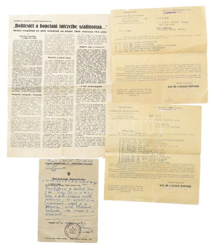 1944-1947 Reiss Zoltán (1877-1945) építész (Corvin áruházat az ő tervei alapján építették) és felesége vészkorszakból származó iratai, 2 db Magyar Bank és Kereskedelmi Rt. által lefoglalt értéktárgylista, valamint felesége Reiss Zoltánné Deutsch Ilona