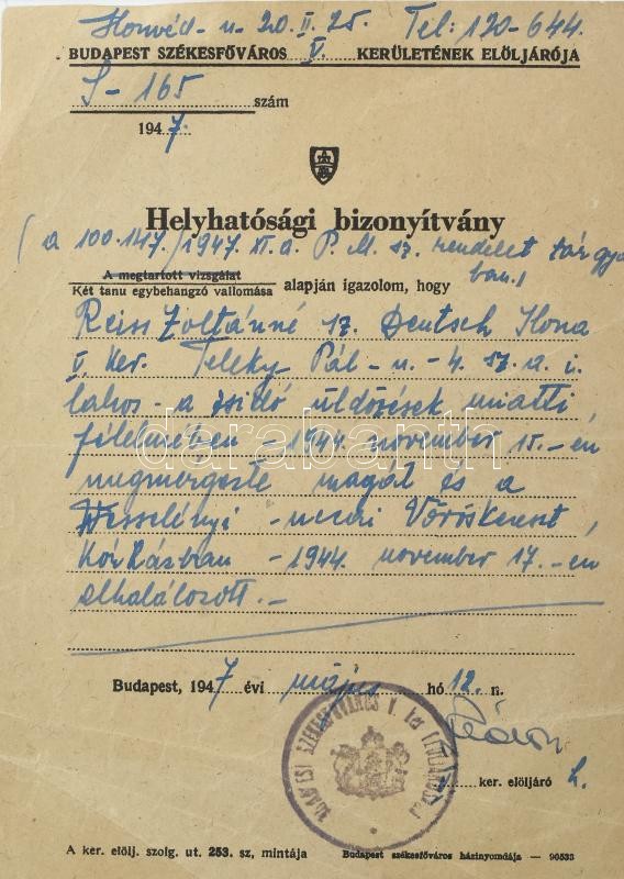 1944-1947 Reiss Zoltán (1877-1945) építész (Corvin áruházat az ő tervei alapján építették) és felesége vészkorszakból származó iratai, 2 db Magyar Bank és Kereskedelmi Rt. által lefoglalt értéktárgylista, valamint felesége Reiss Zoltánné Deutsch Ilona - Image 2