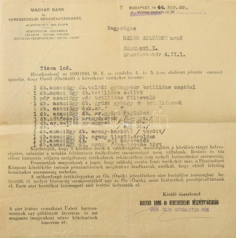 1944-1947 Reiss Zoltán (1877-1945) építész (Corvin áruházat az ő tervei alapján építették) és felesége vészkorszakból származó iratai, 2 db Magyar Bank és Kereskedelmi Rt. által lefoglalt értéktárgylista, valamint felesége Reiss Zoltánné Deutsch Ilona - Image 3
