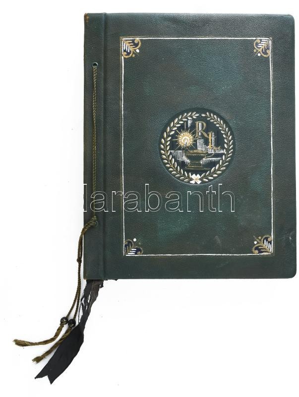 1930 Ribáry Ernő (?-1930) egyedi készítésű emlékkönyve. Nagyméretű, dekoratív bőrkötésű, zsinórfűzéses emlékkönyv/album, benne Ribáry Géza (az elhunyt fia) apjáról írt írásaival, visszaemlékezésivel; fotókkal, kézzel festett/rajzolt illusztrációkkal - Image 2