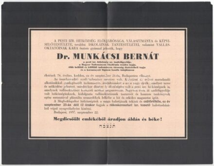 1937 Munkácsi Bernát (1860-1937) nyelvész, néprajztudós, MTA tag, a pesti izr. hitközség ny. tanfelügyelőjének halálozási értesítője, hajtott.