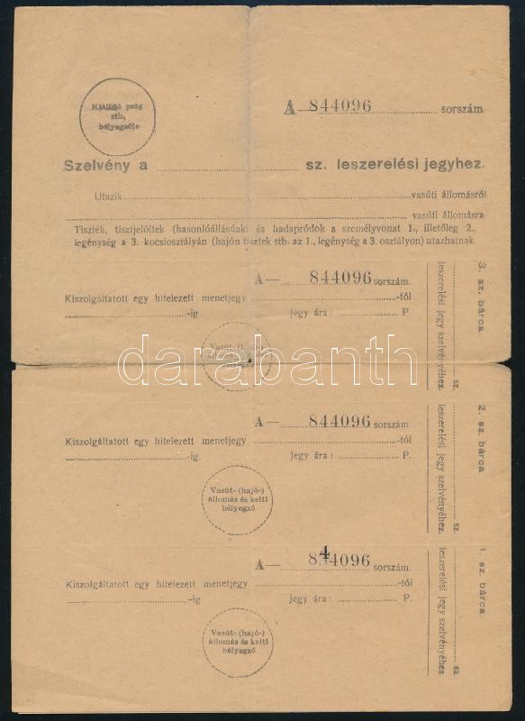 1944 Pestszentlőrinc, munkaszolgálatos leszerelési jegye, M. Kir. 100. Katonai Munkaszolgálatosokat Gyűjtő Zászlóalj Parancsnokság, 1944. XII. 22. - Image 2