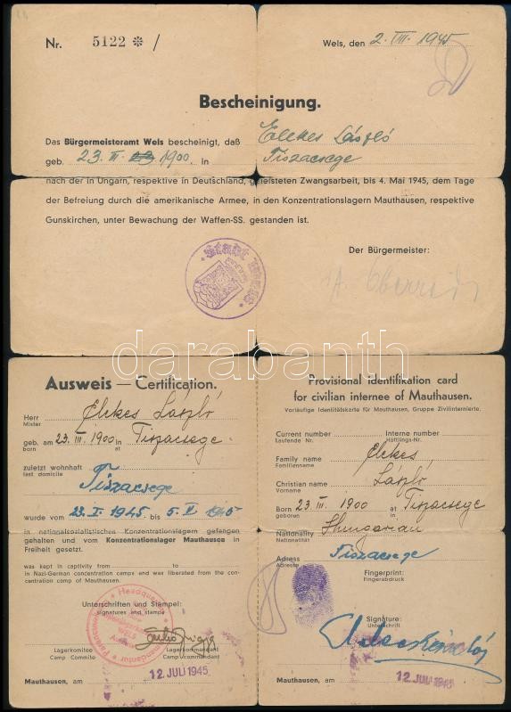 1945 Mauthauseni koncentrációs táborból szabadult magyar, tiszacsegei születésű személy, ideiglenes igazolványa, 1945. jul. 12., Ujjlenyomattal, angol és német nyelven. Valamint a felső-ausztriai Wels városának igazolása, hogy az illető az amerikai hadser - Image 3