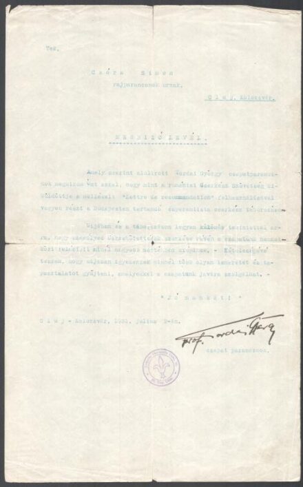 1931 Cluj/Kolozsvár, A Romániai Cserkész Szövetség nevében, prof. Tordai György csapatparancsnok kiállított megbízólevele Csóra Simon cserkész rajparancsnok részére, hogy vegyen részt az eszperantista cserkész táborozáson, aláírással, pecséttel, 1931. jul