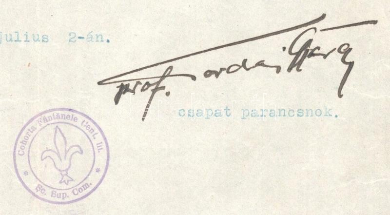 1931 Cluj/Kolozsvár, A Romániai Cserkész Szövetség nevében, prof. Tordai György csapatparancsnok kiállított megbízólevele Csóra Simon cserkész rajparancsnok részére, hogy vegyen részt az eszperantista cserkész táborozáson, aláírással, pecséttel, 1931. jul - Image 2