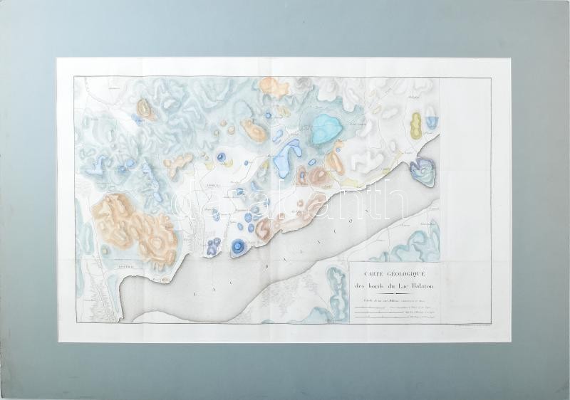 Carte géologique des bords de Lac Balaton - (A Balaton színezett, rézmetszetes geológiai térképe 1813-ból.) Színezett rézmetszet. N. L. Rousseau. megjelent: Beudant, Francois Sulpice: ,,Voyage mineralogique et geologique en Hongrie, pendant l'année 1818"