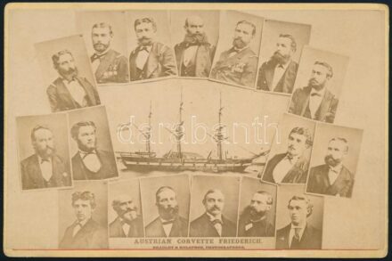 1875 Az S.M. Corvette Friedrich hajóról és tisztjeiről készült tablófotó Valparaisóban, Chilében. / parancsnokának szóló levél a ragusai kikötő pénügyi osztályától Tobias Ritter von österreicher parancsnokkal / 1875 S.M. Corvette Friedrich and her officer