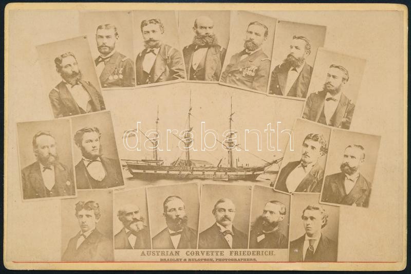 1875 Az S.M. Corvette Friedrich hajóról és tisztjeiről készült tablófotó Valparaisóban, Chilében. / parancsnokának szóló levél a ragusai kikötő pénügyi osztályától Tobias Ritter von österreicher parancsnokkal / 1875 S.M. Corvette Friedrich and her officer