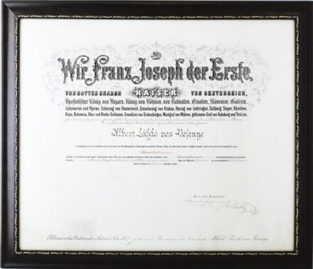 1915 Altábornagyi kinevezés oklevele, Ferenc József császár és Alexander von Krobatin (1849-1933) hadügyminiszter aláírásával, Besenyei László Albert (1853-1939) nyugállományú tábornok, a magyar szent korona országaihoz tartozó csendőrség korábbi