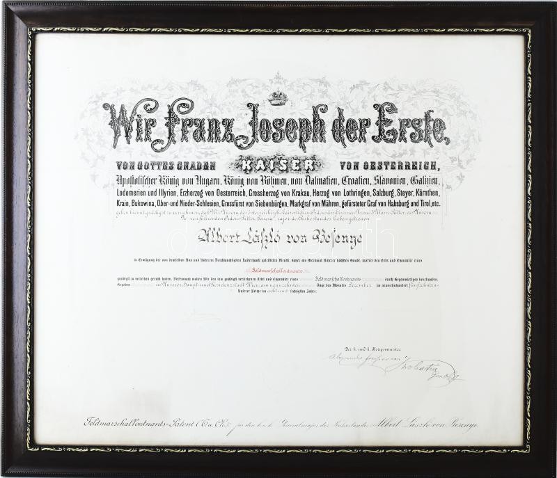 1915 Altábornagyi kinevezés oklevele, Ferenc József császár és Alexander von Krobatin (1849-1933) hadügyminiszter aláírásával, Besenyei László Albert (1853-1939) nyugállományú tábornok, a magyar szent korona országaihoz tartozó csendőrség korábbi